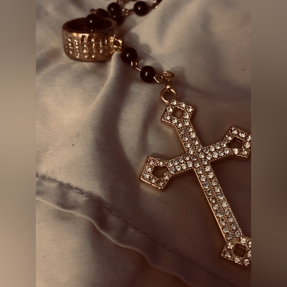 Madonna Style Cross & Black  Bead Style Rosarie Necklace Rocker Chic Elegant